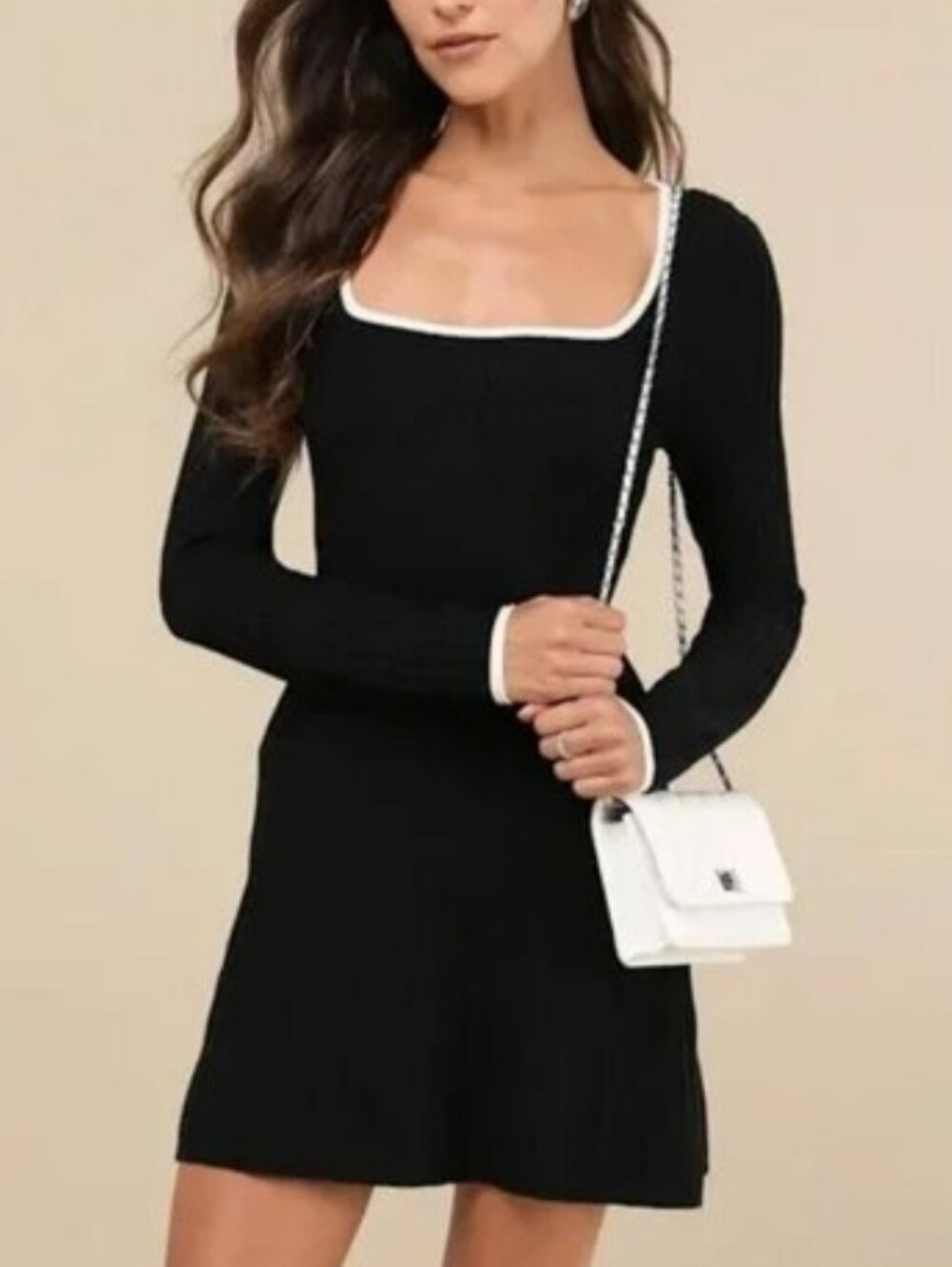 EXPRESS Mini Dress Black Long-Sleeve Square Neck with White Trim Size M